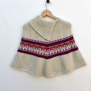 Vintage Sun Moon Star Wool Blend Fair Isle Knit Poncho Capelet Tan One Size